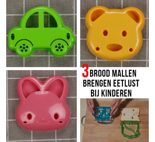 Allernieuwste.nl® Allernieuwste.nl® SET 3x Brood Vormen voor Kinderen Eetlust Snee Brood Sandwich - Leuk voor Elk Kind - SET van 3 STUKS - ca 10 x 10 cm elk