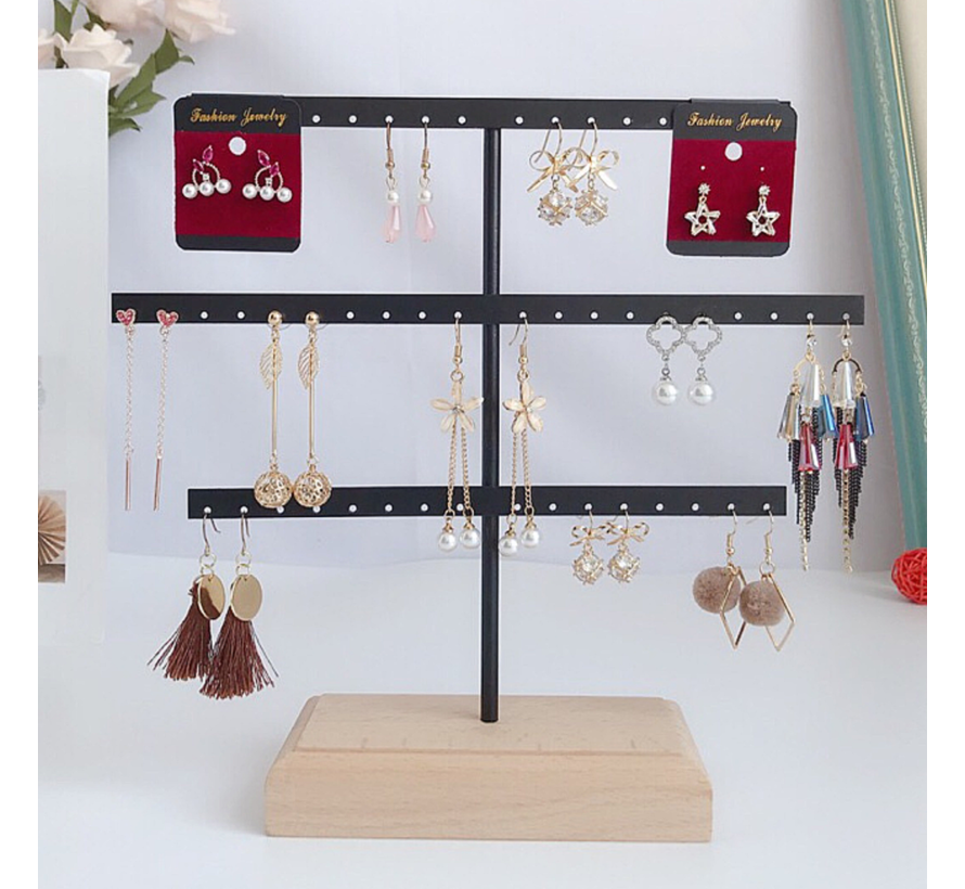 Allernieuwste.nl® Oorbellenrekje 3 Lagen Sieradenrek Oorbellen Display Sieraden Rek Organizer - Voor 52 Oorbellen - HOUTEN VOET - 3 Verdiepingen - porte-bijoux - 25 x 24 x 7 cm - Kleur Zwart