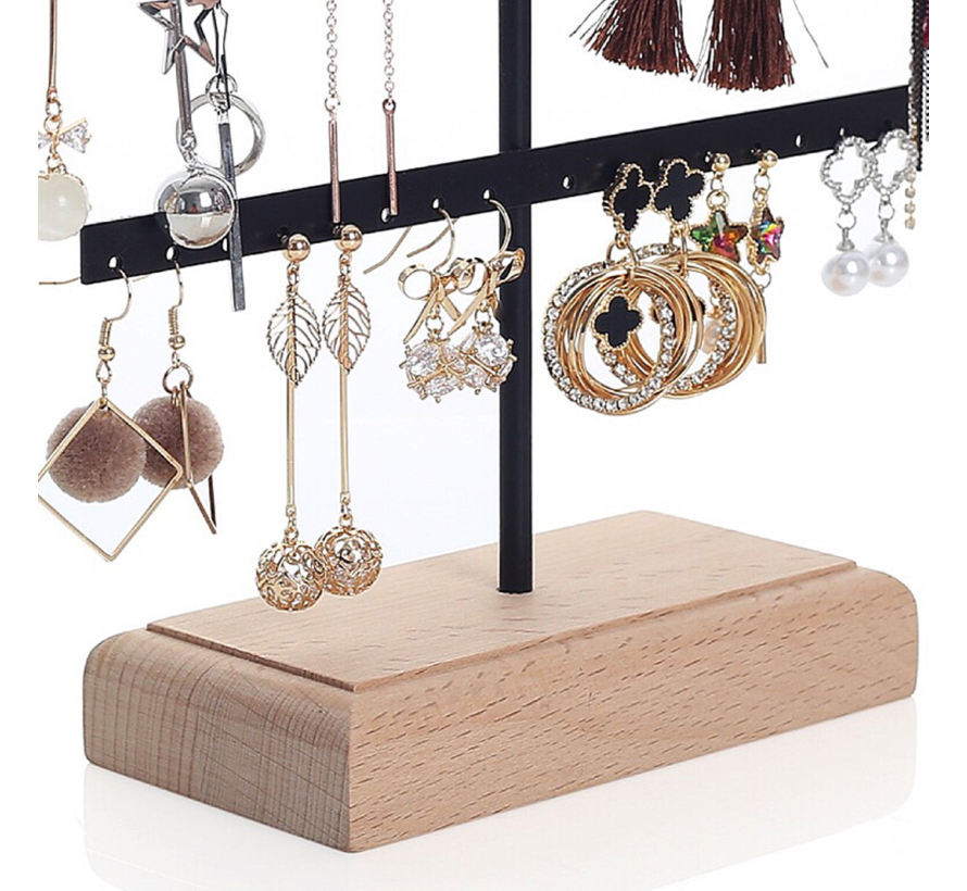 Allernieuwste.nl® Oorbellenrekje 3 Lagen Sieradenrek Oorbellen Display Sieraden Rek Organizer - Voor 52 Oorbellen - HOUTEN VOET - 3 Verdiepingen - porte-bijoux - 25 x 24 x 7 cm - Kleur Zwart