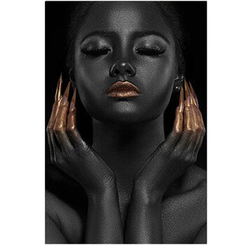 Allernieuwste.nl® Canvas Schilderij Devote Afrikaanse Vrouw met 2 Gouden Handen - 50 x 75 cm