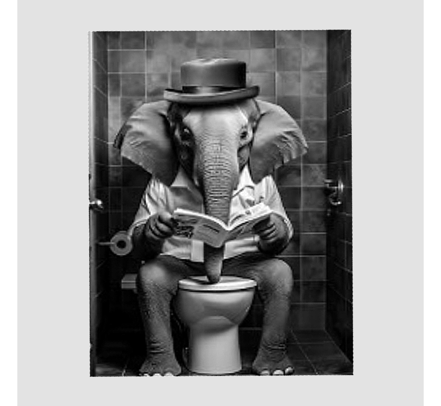 Allernieuwste.nl® Canvas Schilderij Olifant Leest Krant op WC - Humor Grappig - Zwart Wit 30 x 40 cm