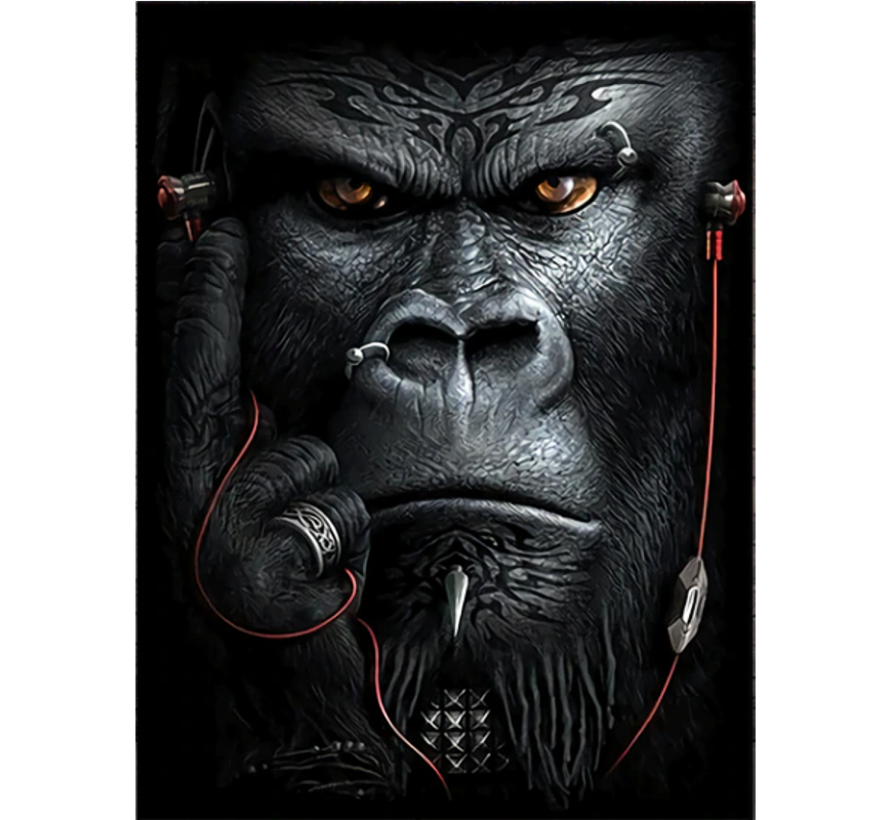 Allernieuwste.nl® Canvas Schilderij HipHop Gorilla Aap - Modern Rap - Woonkamer - Poster - 60 x 80 cm - Zwart/Wit