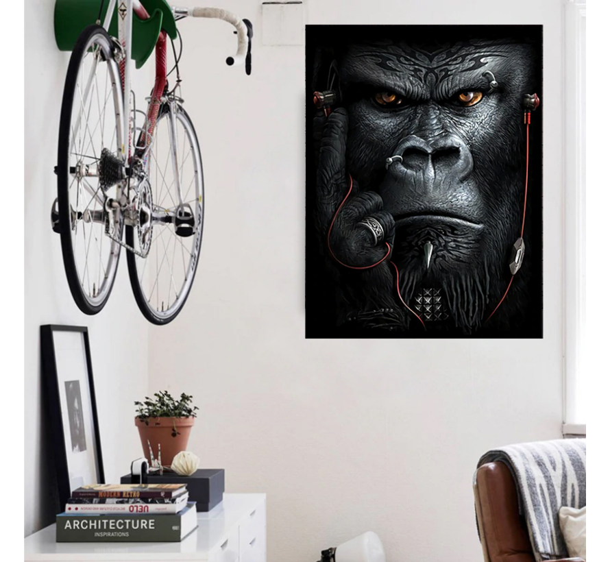 Allernieuwste.nl® Canvas Schilderij HipHop Gorilla Aap - Modern Rap - Woonkamer - Poster - 60 x 80 cm - Zwart/Wit