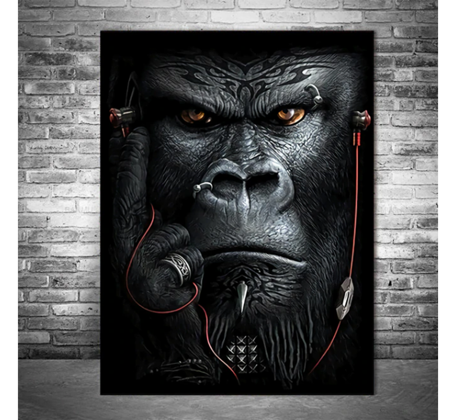 Allernieuwste.nl® Canvas Schilderij HipHop Gorilla Aap - Modern Rap - Woonkamer - Poster - 60 x 80 cm - Zwart/Wit