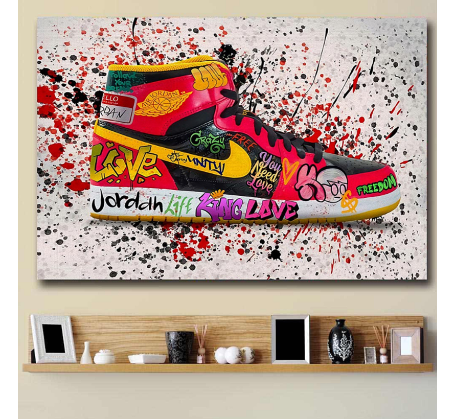 Allernieuwste.nl® Canvas Schilderij Jordan Sneaker Fashion Schoenen - Graffiti - kleur - 40 x 60 cm