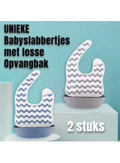 Allernieuwste.nl® 2 STUKS Babyslabbertjes met LOSSE Opvangschaal -  Grijs en Blauw Gestreept