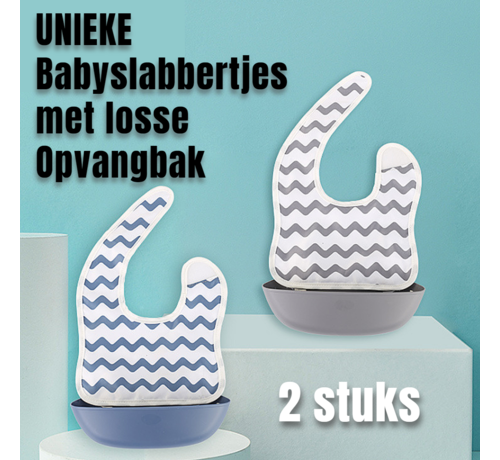 Allernieuwste.nl® Allernieuwste.nl® 2 STUKS UNIEKE Gestreepte Babyslabbertjes met LOSSE Opvangschaal, Vuilafstotend en Vlek- en Waterafstotend - Oprolbaar Kinder Slabbertje - 2 STUKS Grijs en Blauw Gestreept