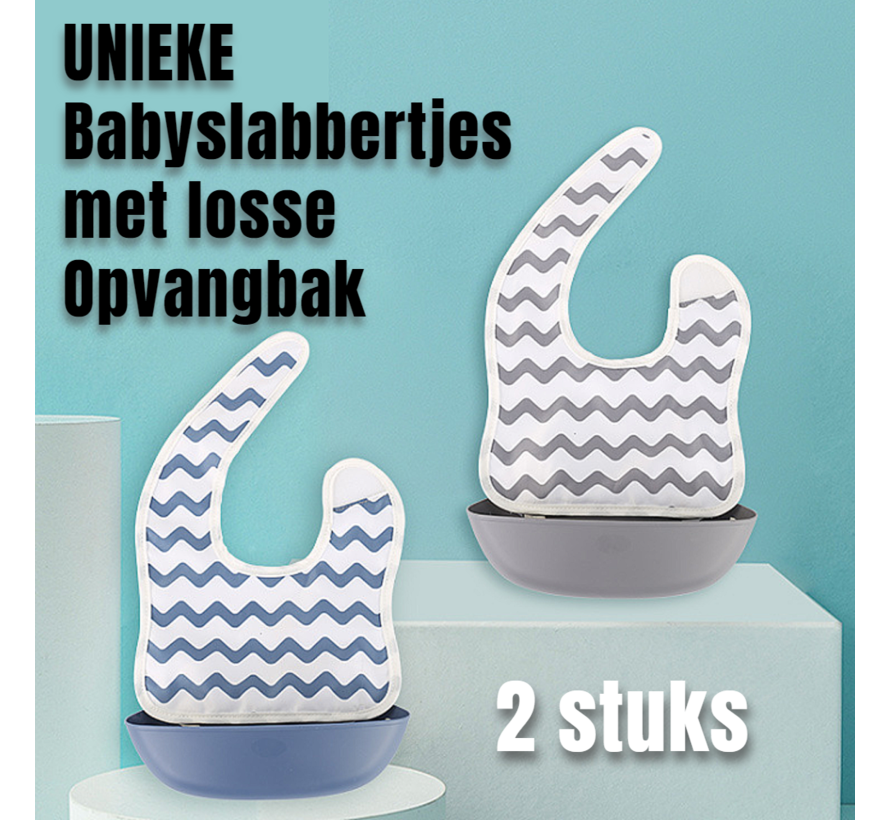 Allernieuwste.nl® 2 STUKS UNIEKE Gestreepte Babyslabbertjes met LOSSE Opvangschaal, Vuilafstotend en Vlek- en Waterafstotend - Oprolbaar Kinder Slabbertje - 2 STUKS Grijs en Blauw Gestreept