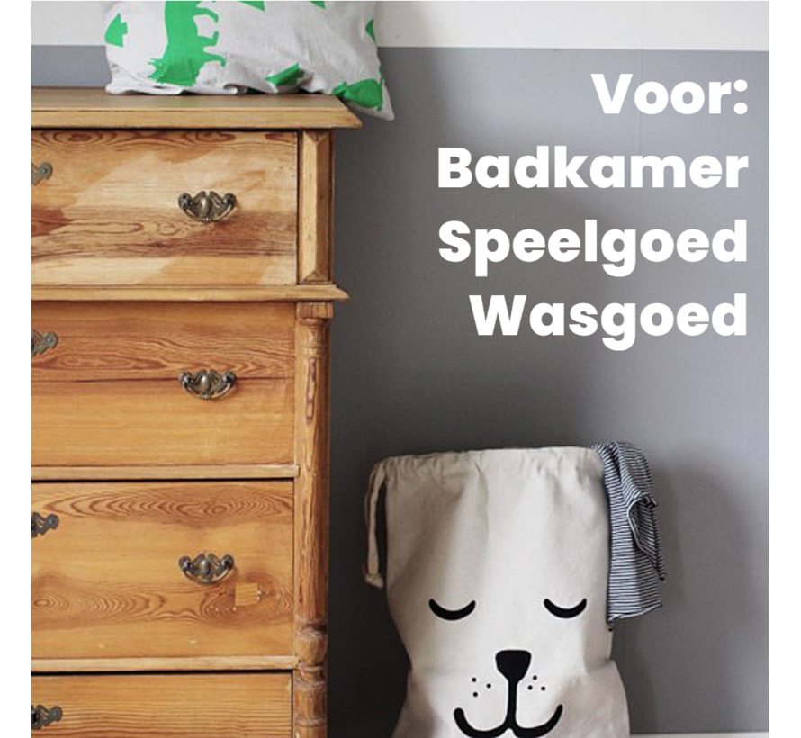 Allernieuwste.nl® Waszak met Slapende Hond Print - Wasgoed Opbergtas met Trekkoord - Badkamer Was Zak - Laundry Bag - wit-zwart - 65 x 47 cm