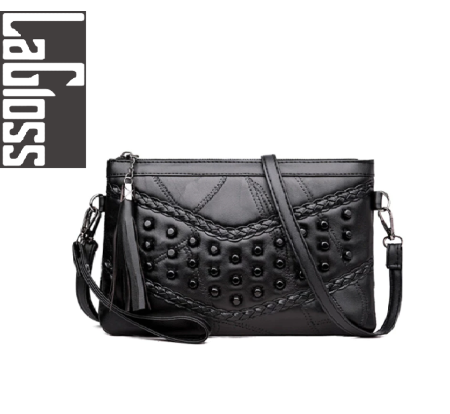 LaGloss® ECHT LEDER Dames Schoudertas Studs Zwart - Luxe Schoudertas - Trendy - 25 x 17 cm - Zwart