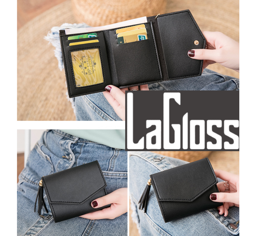 LaGloss® Vrouwelijke Luxe Zwarte portemonnee - Imitatie leer - 11.5 x 9 cm - Zwart - elegant tijdloos - casual - formeel - dames - portemonnee - wallet