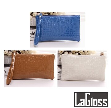 LaGloss® 3 STUKS Modische Mobiele Telefoon / Portemonnee Clutch  van Imitatie Krokodil - Wit + Bruin + Blauw - 19x11x2 cm