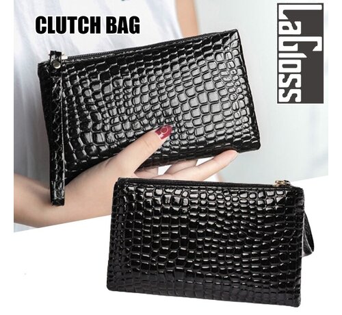 LaGloss® SET 2 STUKS Modische Mobiele Telefoon / Portemonnee Tasjes - Type Lil Bag - Imitatie Krokodil Clutch - 2x Zwart - 19x11x2 cm