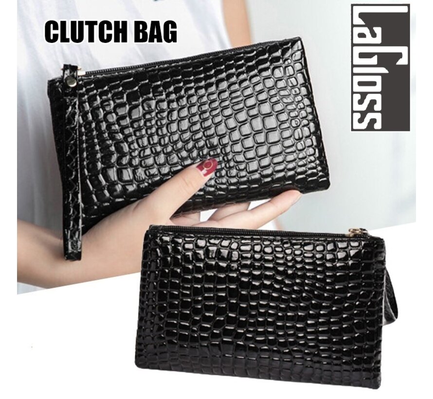 SET 2 STUKS Modische Mobiele Telefoon / Portemonnee Tasjes - Type Lil Bag - Imitatie Krokodil Clutch - 2x Zwart - 19x11x2 cm