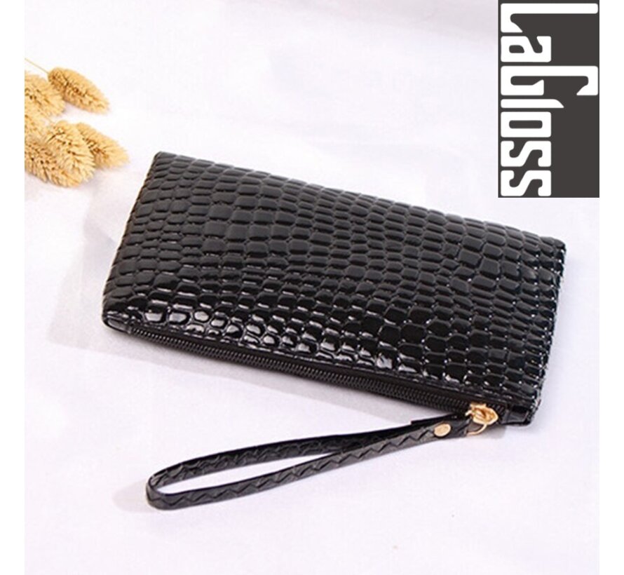 SET 2 STUKS Modische Mobiele Telefoon / Portemonnee Tasjes - Type Lil Bag - Imitatie Krokodil Clutch - 2x Zwart - 19x11x2 cm