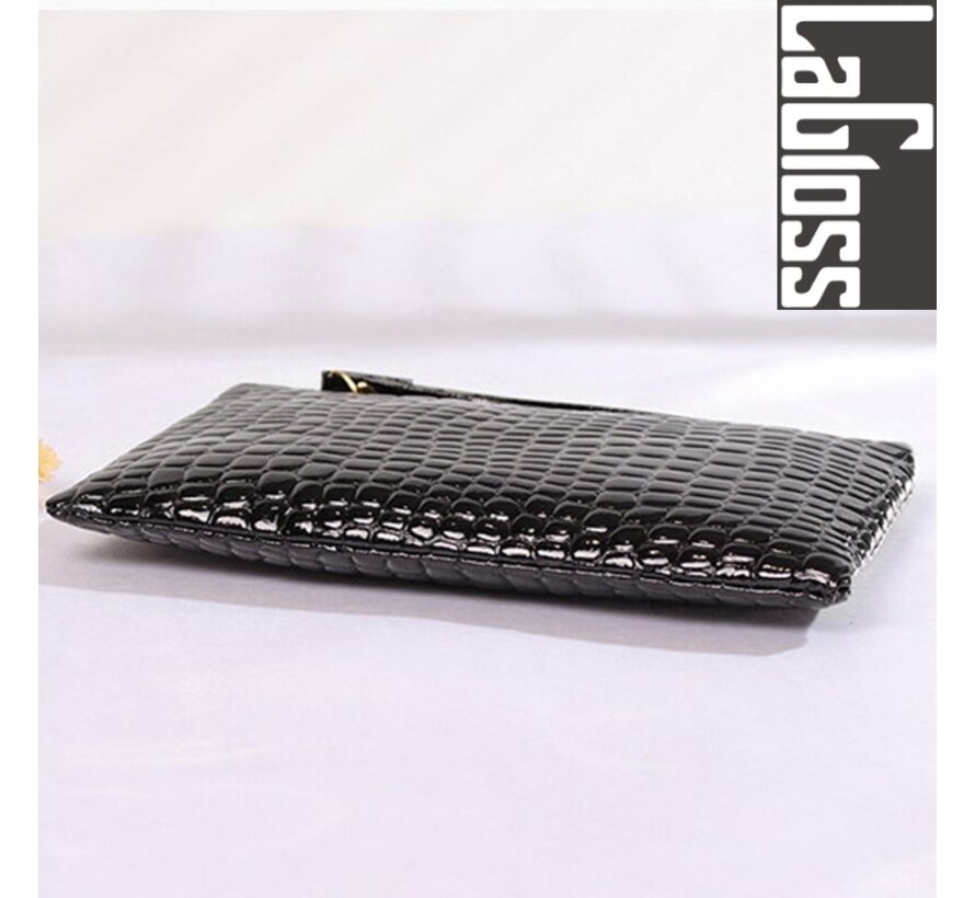 SET 2 STUKS Modische Mobiele Telefoon / Portemonnee Tasjes - Type Lil Bag - Imitatie Krokodil Clutch - 2x Zwart - 19x11x2 cm