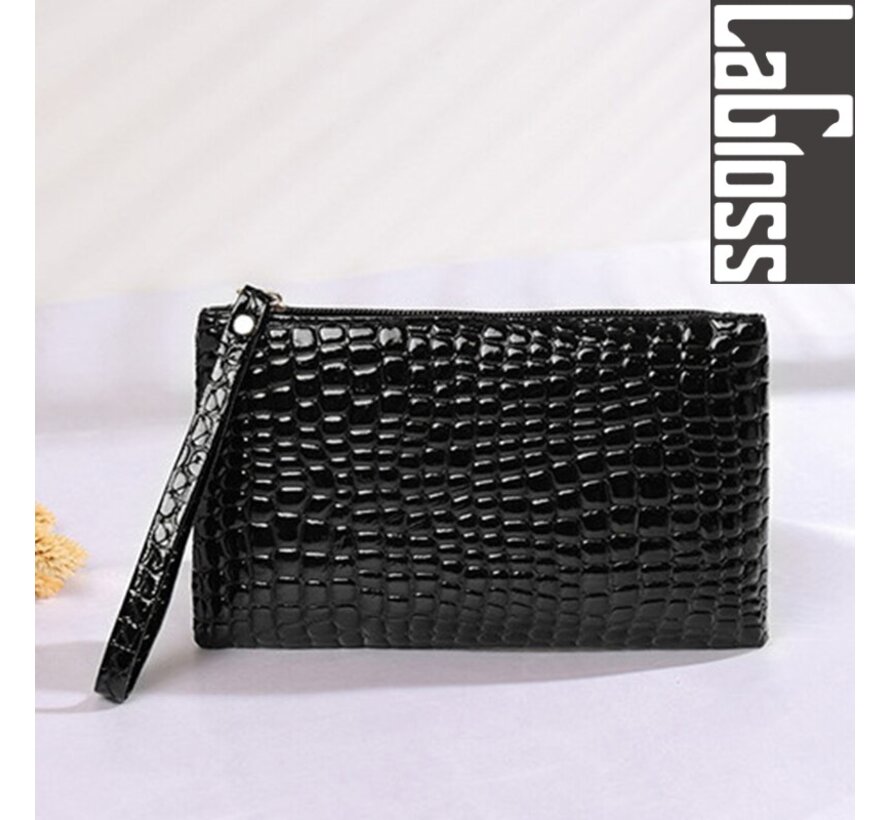 SET 2 STUKS Modische Mobiele Telefoon / Portemonnee Tasjes - Type Lil Bag - Imitatie Krokodil Clutch - 2x Zwart - 19x11x2 cm