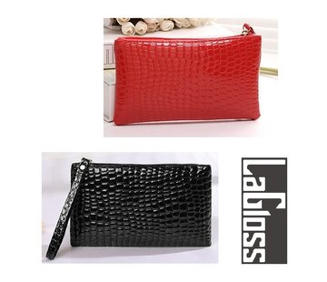 LaGloss® 2 STUKS Modische Mobiele Telefoon / Portemonnee Clutch  van Imitatie Krokodil - SET Zwart + Rood - 19x11x2 cm