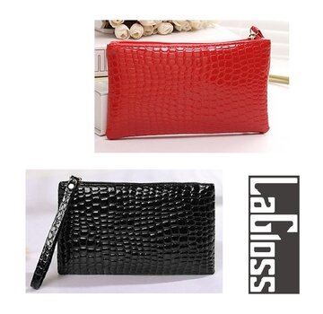 LaGloss® 2 STUKS Modische Mobiele Telefoon / Portemonnee Clutch  van Imitatie Krokodil - SET Zwart + Rood - 19x11x2 cm