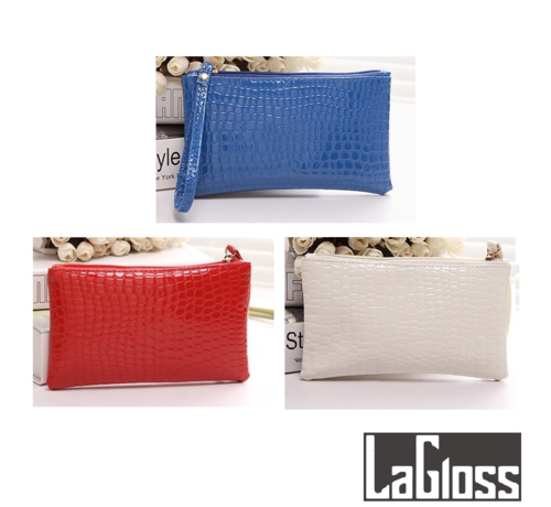 LaGloss® Lagloss® Fashion Bag Tas Mode - SET 3 STUKS Modische Mobiele Telefoon / Portemonnee Tasjes - Type Lil Bag - Imitatie Krokodil Clutch - SET Wit + Rood + Blauw - 19x11x2 cm