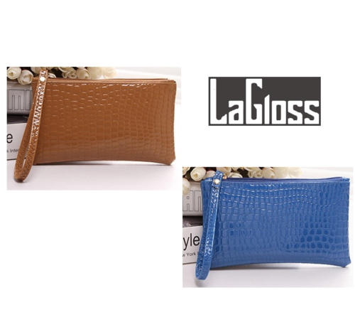 LaGloss® LaGloss® SET 2 STUKS Modische Mobiele Telefoon / Portemonnee Tasjes - Type Lil Bag - Imitatie Krokodil Clutch - SET Bruin + Blauw - 19x11x2 cm