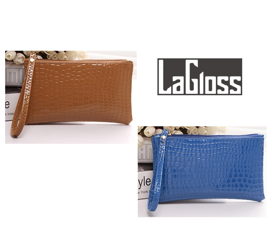 LaGloss® SET 2 STUKS Modische Mobiele Telefoon / Portemonnee Tasjes - Type Lil Bag - Imitatie Krokodil Clutch - SET Bruin + Blauw - 19x11x2 cm