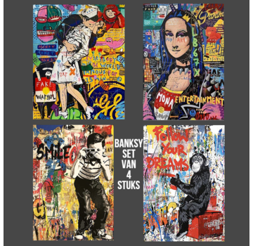 Allernieuwste.nl® Canvas Schilderij SET Banksy Graffiti Street Art Collection - 4st 40 x 60 cm