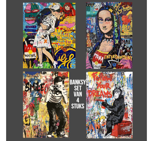 Allernieuwste.nl® Allernieuwste.nl® Canvas Schilderij SET van 4 STUKS Banksy Graffiti Modern Street Art Collection PopArt - Posters -  4x 40 x 60 cm SET - Kleur