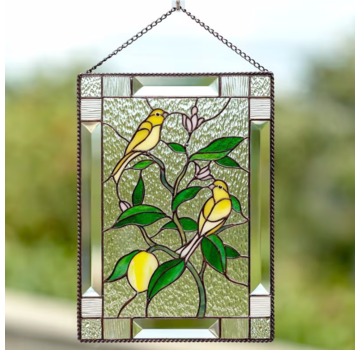 Allernieuwste.nl® Raamdecoratie Kanaries met Planten aan Metalen Ketting - 20 x 15 cm