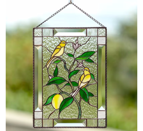 Allernieuwste.nl® Allernieuwste.nl® Raamhanger Raamdecoratie Kanaries met Planten aan Metalen Ketting - Kleurige Zonnevanger - 20 x 15 cm