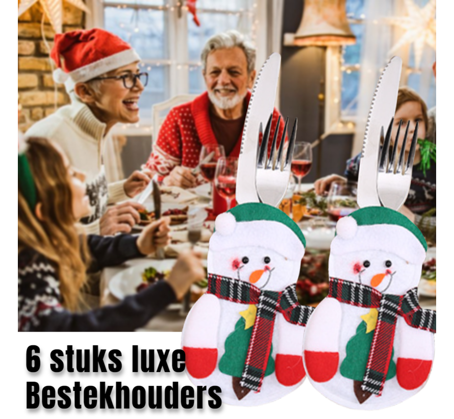 Allernieuwste.nl® 6 stuks LUXE Bestekhouders Tafeldecoratie Kerst - Kerstdagen Bestekset - 6x Bestekhouder voor Kerstdiner- 14 x 10 cm Kerst Sneeuwpop 6 Stuks