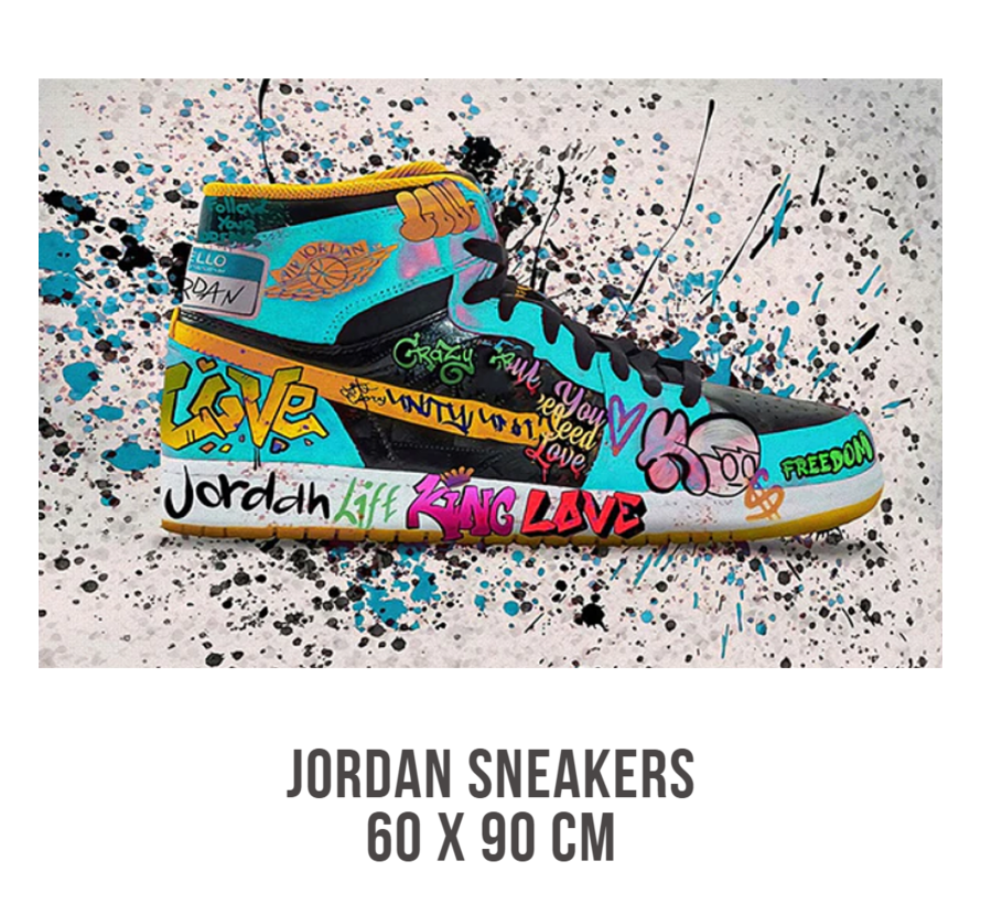 Allernieuwste.nl® Canvas Schilderij Jordan Sneaker Blauw Fashion Schoenen - Graffiti - kleur Blauw - 60 x 90 cm - Copy