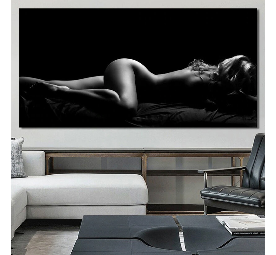 Allernieuwste.nl® Canvas Schilderij * Sexy Naakte Vrouw in Zwart Wit * - Kunst aan je Muur - Body Art Model - Zwart-wit - 40 x 80 cm