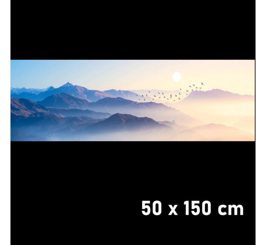 Allernieuwste.nl® Canvas Schilderij * Zonsondergang in de Bergen met Vogels * - Kunst aan je Muur - Kleur Blauw - 50 x 150 cm