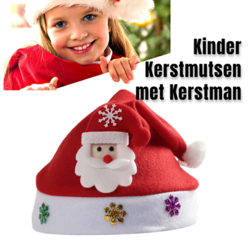 Allernieuwste.nl® 3 STUKS Kinder Kerstmutsen met Kerstman - 2-9 Jaar - Rood Wit