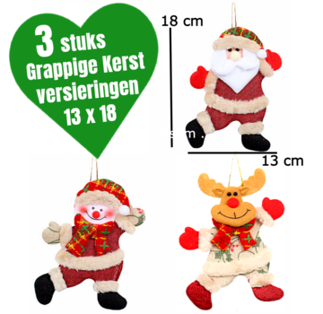 Allernieuwste.nl® 3 STUKS Grappige Kerstboom Kerstversiering - Kerstman Sneeuwpop Eland - 18 x 13 cm **