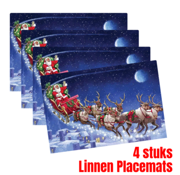 Allernieuwste.nl® 4 Stuks Placemats Kerstman Slee Linnen - 45 x 30 cm