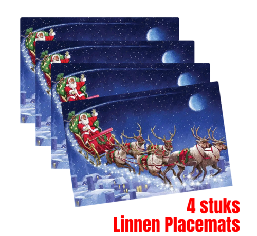 Allernieuwste.nl® Allernieuwste.nl® 4 Stuks Placemats Kerstman Slee Linnen - Borden Onderleggers Kerst Tafel Accessoires - Placemat - Kleur 45 x 30 cm - 4 Stuks