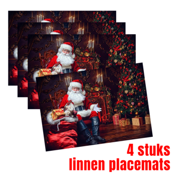 Allernieuwste.nl® 4 Stuks Placemats Kerstman Linnen - 45 x 30 cm