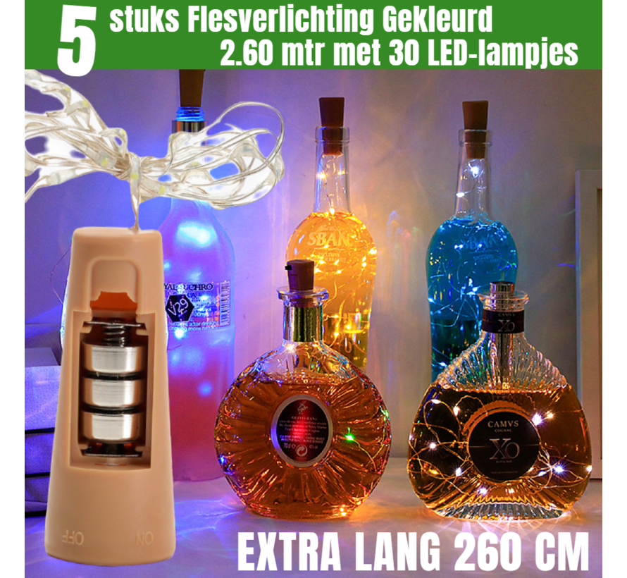 Allernieuwste.nl® 5 stuks Flesverlichting Wijnfles - 30 STUKS GEKLEURDE LED LAMPJES - SNOER 260 CM