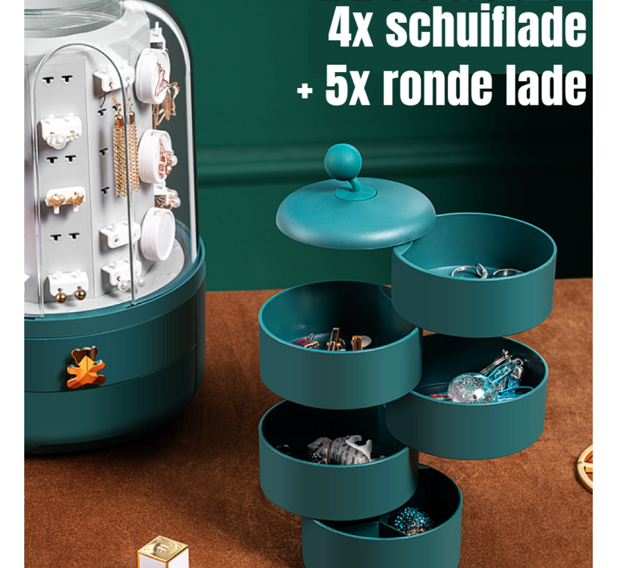 Allernieuwste.nl® LUXE Sieraden Rek Opberg Display Oplossing - Voor Oorbellen, Kettingen, Armbanden, Strikjes - 9 Lades - Roterend Stofvrij - Fashion Green