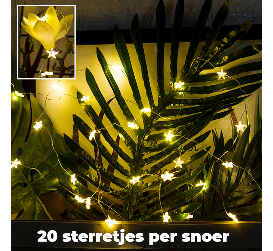 Allernieuwste.nl® 2 STUKS LED STERREN Lichtsnoer Wit 2 METER - 20 Lampjes Elk - STER Deco Licht Versiering Decoratie - Wit 2 mtr - 2 Stuks