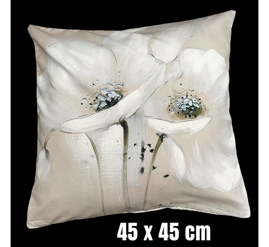 Allernieuwste.nl® Kussen Wit Beige Abstracte Bloemen - Kussenhoes polyester peach skin Perzikhuid Bloem - Kussenovertrek - Kleur Beige Wit 45 x 45 cm