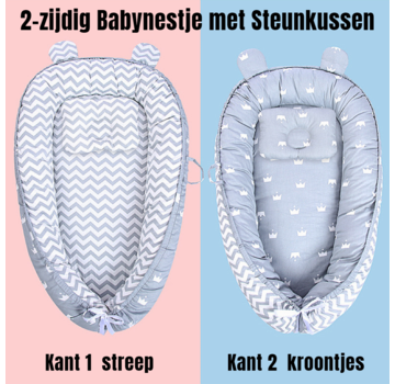 Allernieuwste.nl® Babynest 2-zijdig Omkeerbaar met Steun Kussen - Grijs Gestreept en Kroontjes - 50 x 90 cm