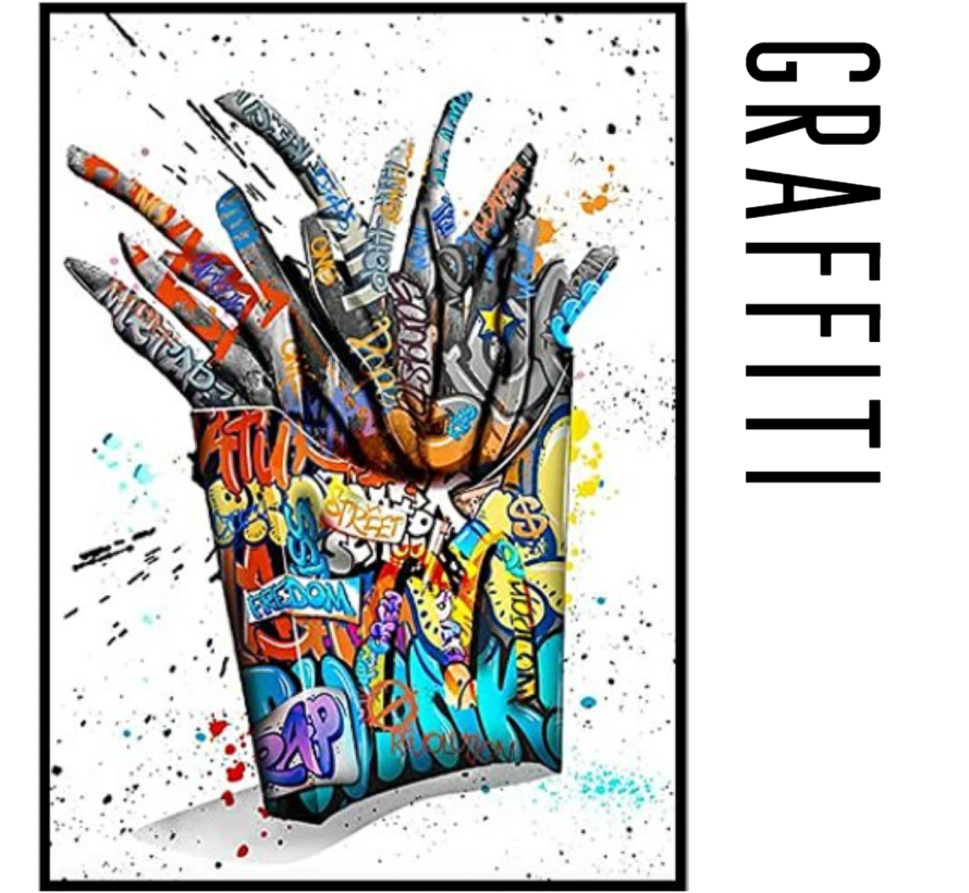 Allernieuwste.nl® Canvas Schilderij Graffiti Portie PATAT - Straat graffiti - Kleurig Zakje Patat - 50 x 70 cm Kleur