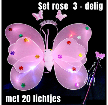 Allernieuwste.nl® 3-Delige SET ROZE Lichtgevende Vlinder Vleugeltjes + 20 Gekleurde Lampjes + Diadeem + Toverstaf