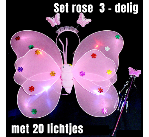 Allernieuwste.nl® Allernieuwste.nl® 3-Delige SET Lichtgevende Vlinder Vleugeltjes met 20 Gekleurde Lampjes - Vlindervleugels + Diadeem + Toverstaf voor Meisjes- 35 x 48 cm Rose