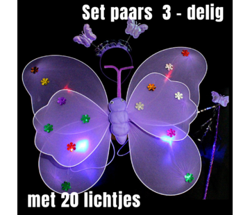 Allernieuwste.nl® 3-Delige SET PAARSE Lichtgevende Vlinder Vleugeltjes + 20 Gekleurde Lampjes + Diadeem + Toverstaf