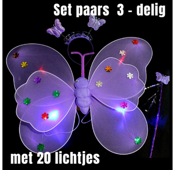 Allernieuwste.nl® 3-Delige SET PAARSE Lichtgevende Vlinder Vleugeltjes + 20 Gekleurde Lampjes + Diadeem + Toverstaf