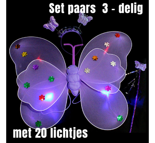 Allernieuwste.nl® Allernieuwste.nl® 3-Delige SET Lichtgevende Vlinder Vleugeltjes met 20 Gekleurde Lampjes - Vlindervleugels + Diadeem + Toverstaf voor Meisjes- 35 x 48 cm Paars